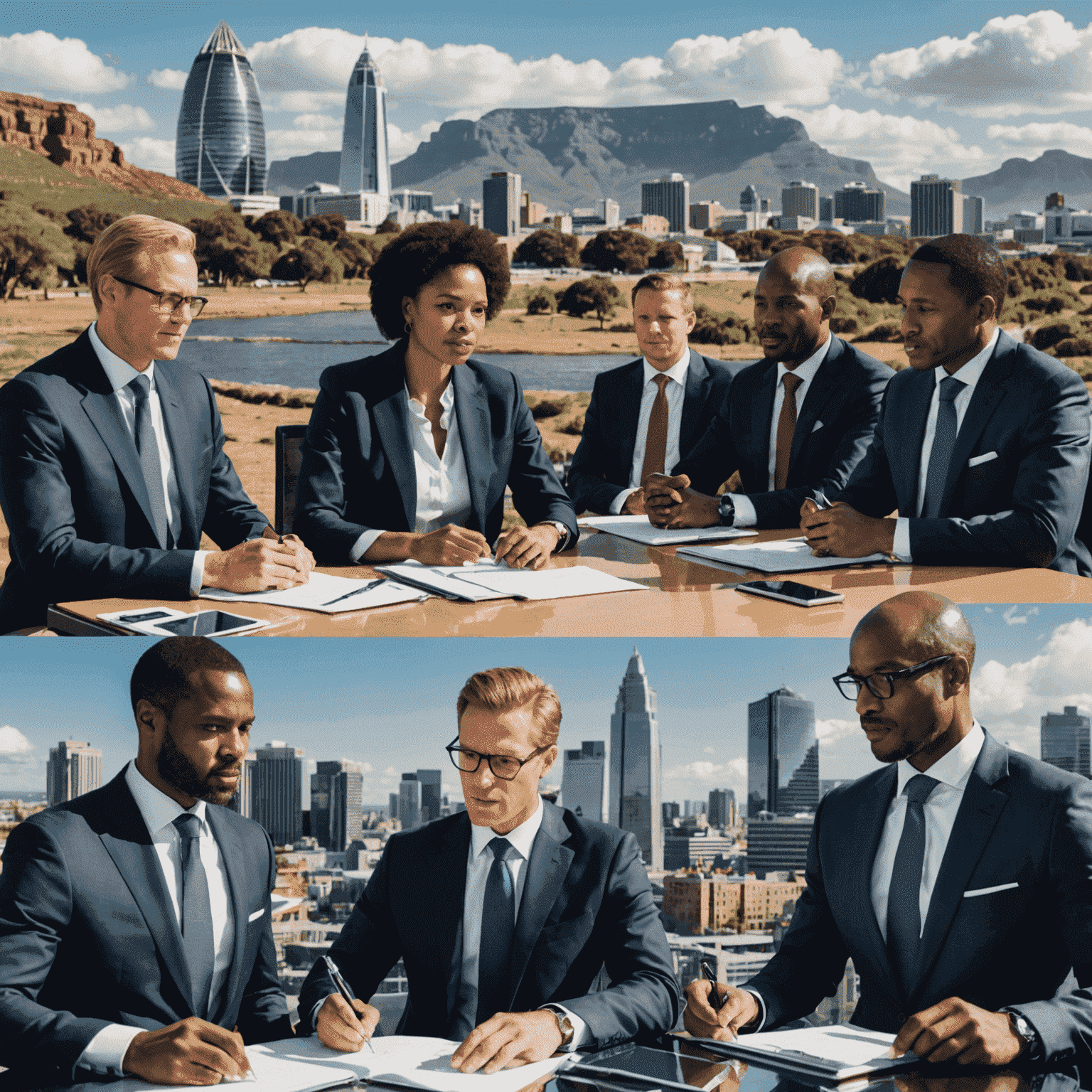 A collage showing international consultants in suits collaborating with South African business leaders, with iconic South African landmarks in the background