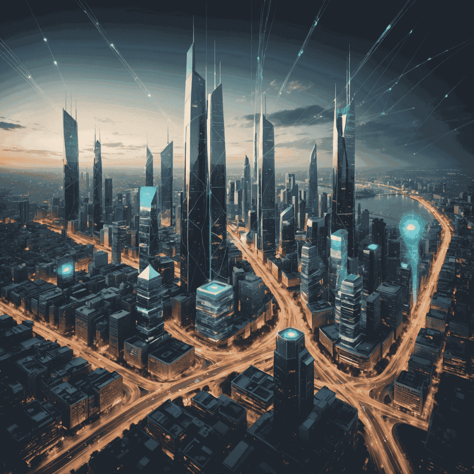 A futuristic cityscape with interconnected digital networks, representing the concept of digital transformation