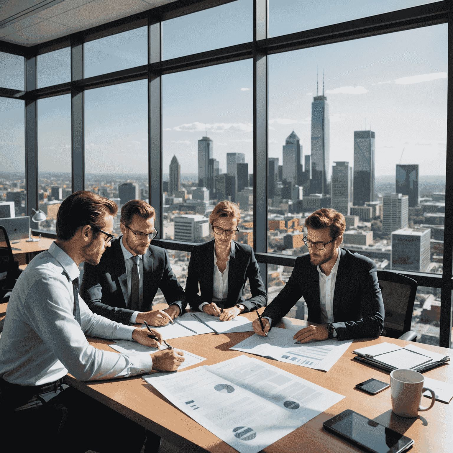 A professional team of consultants analyzing M&A documents in a modern office with Johannesburg skyline visible through large windows