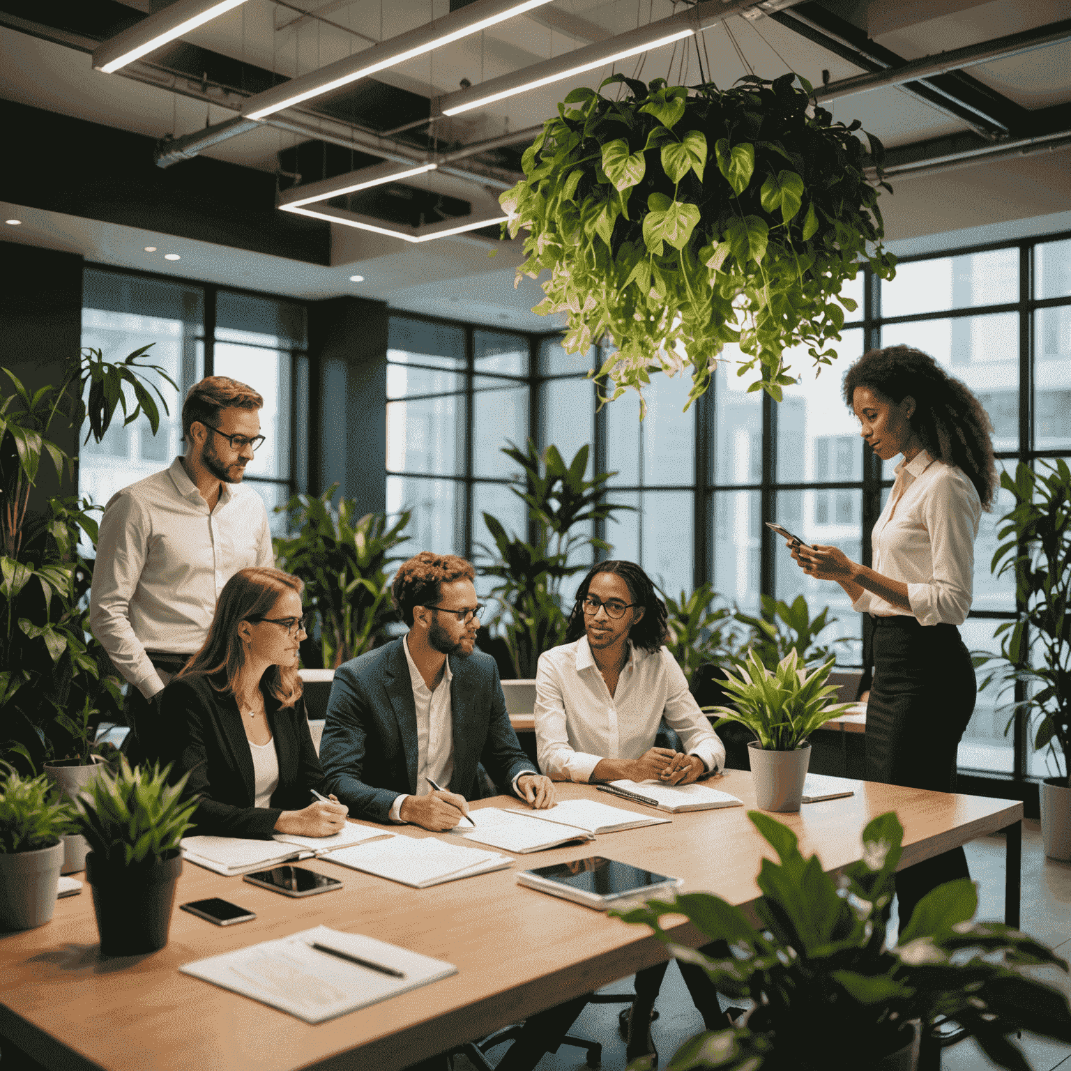 A team of diverse consultants discussing sustainability strategies in a modern office setting with green plants and energy-efficient lighting