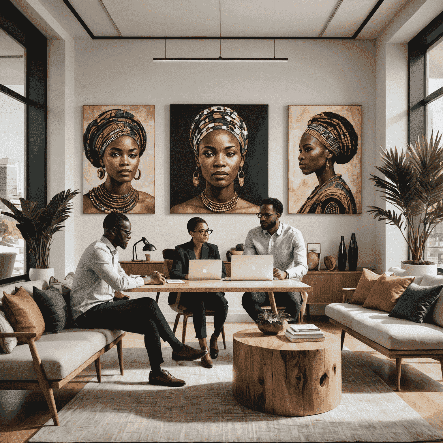 A diverse team of Bain consultants collaborating in a modern office space in Cape Town, with African-inspired art and decor visible