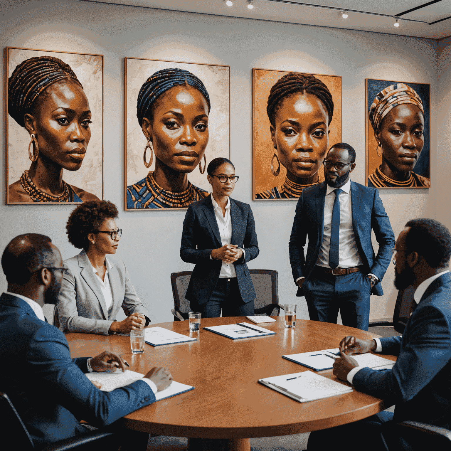 A diverse team of BeecConsulting experts discussing M&A strategies in a modern boardroom with African art on the walls