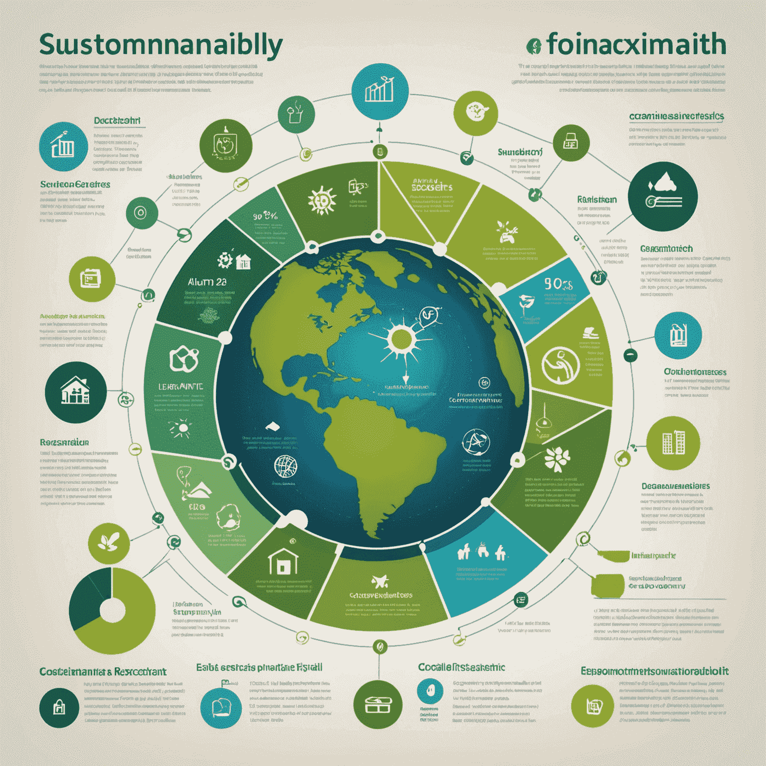 A sustainable business infographic showing interconnected elements of environmental responsibility, social impact, and economic growth